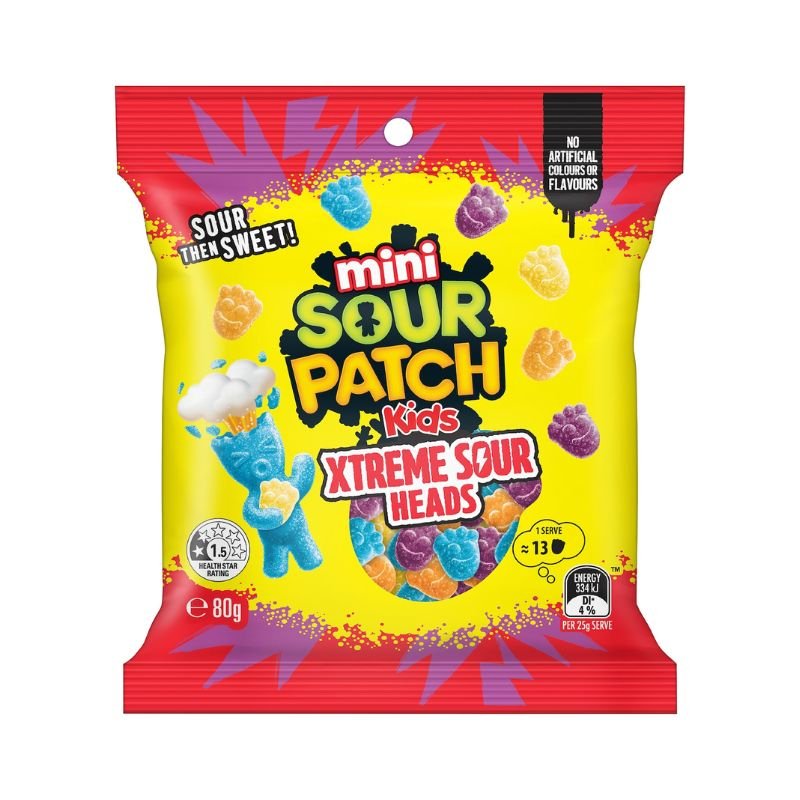 [Expiry Date: 09/01/2027] Sour Patch Kids Mini Extreme Sour Heads Lollies 80g