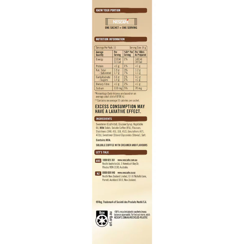 [Expiry Date: 30/06/2027] Nescafe 98% Sugar Free Vanilla Latte Coffee Sachets 10 Pack