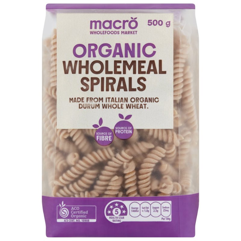 [Expiry: 05/2027] Woolworths Macro Organic Wholemeal Spirals 500g