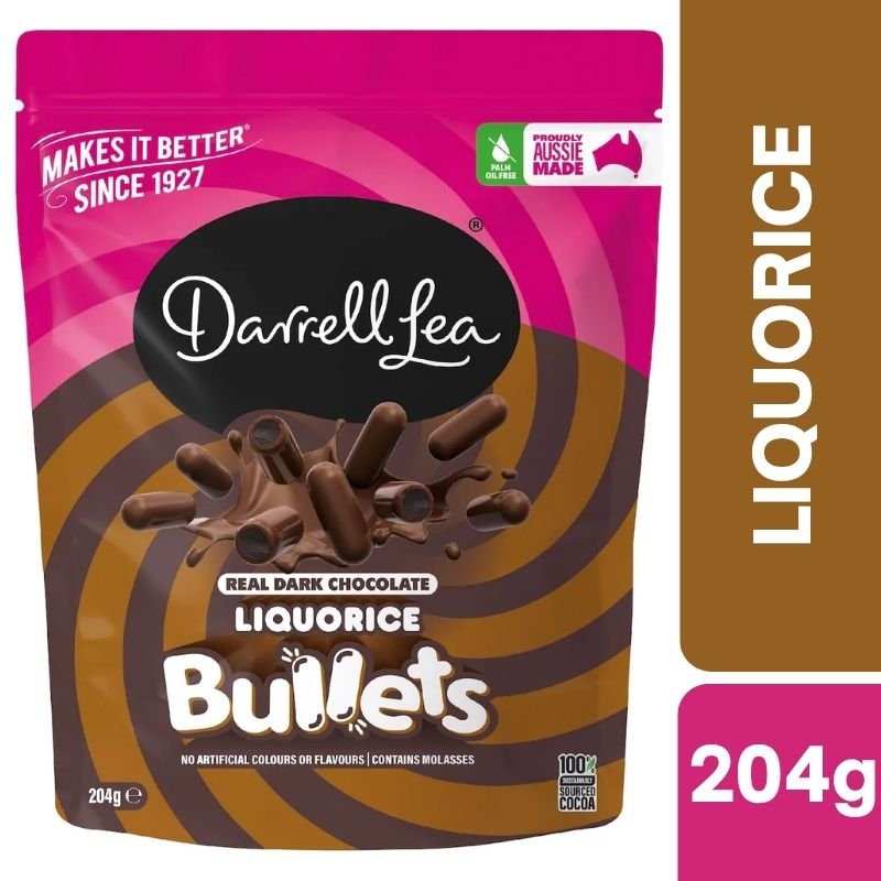 [Expiry Date: 22/06/2027] Darrell Lea Dark Chocolate Liquorice Bullets 204g