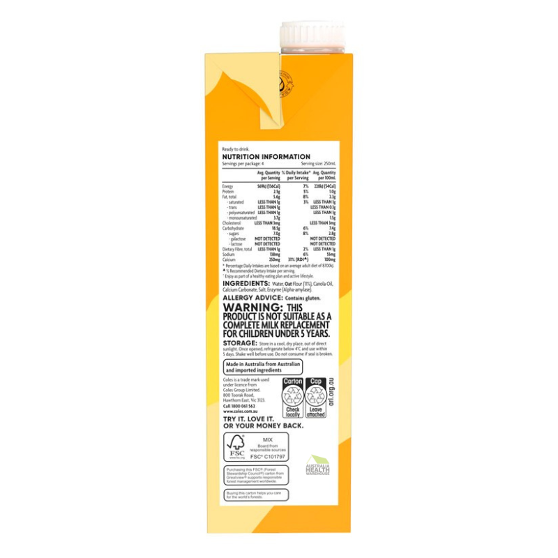 [Expiry: 23/03//2026] Coles Oat Milk Unsweetened 1 Litre