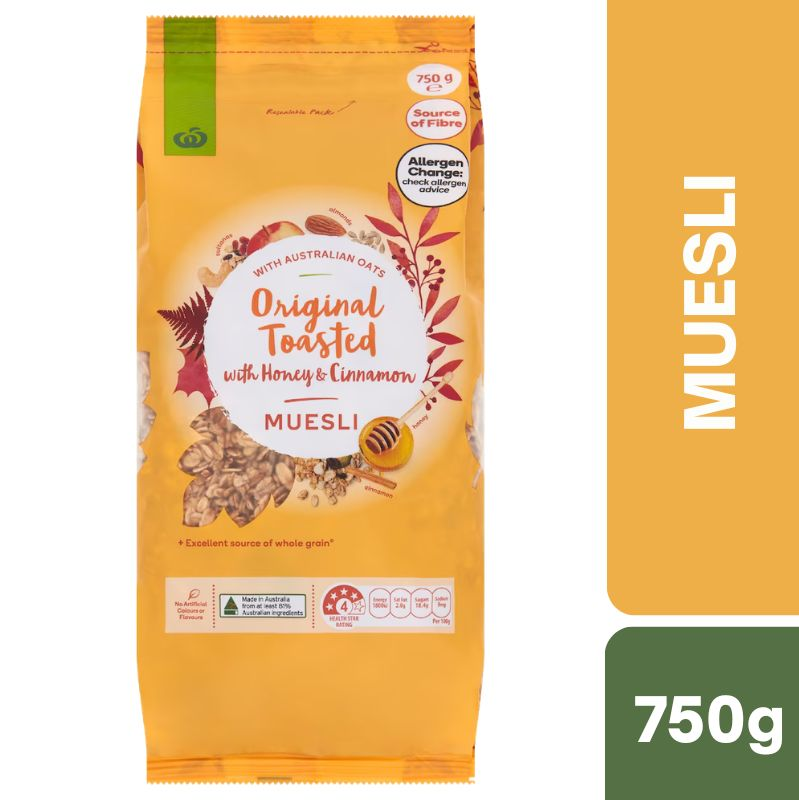 [CLEARANCE Expiry Date: 24/07/2026] Woolworths Toasted Honey & Cinnamon Muesli 750g
