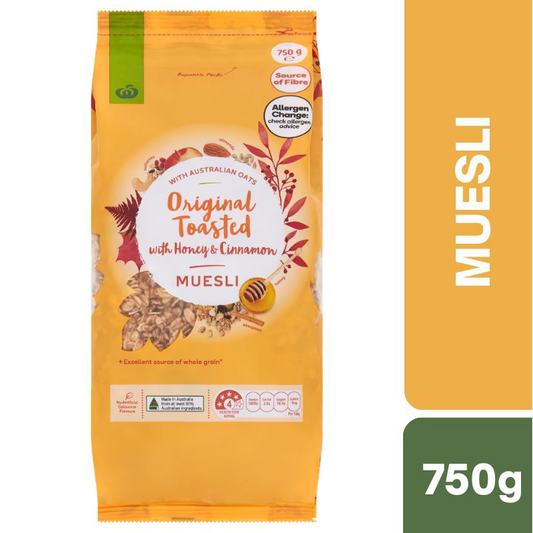[CLEARANCE Expiry Date: 24/07/2026] Woolworths Toasted Honey & Cinnamon Muesli 750g