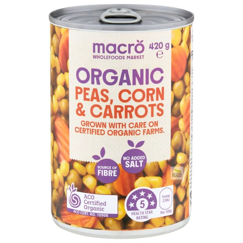 [Expiry Date: 09/2027] Woolworths Macro Organic Peas, Corn & Carrots 420g