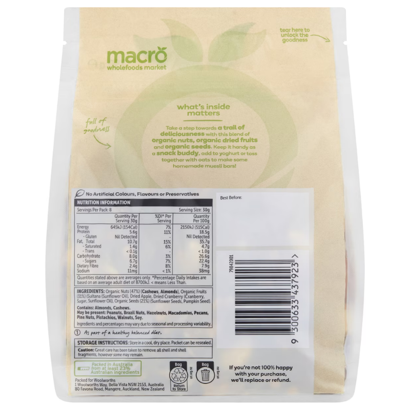 [CLEARANCE Expiry Date: 22/06/2026]  Woolworths Macro Organic Trail Mix 250g