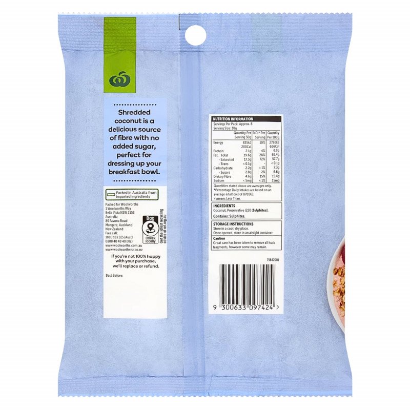 [Expiry Date: 08/11/2026] Woolworths Shredded Coconut 250g