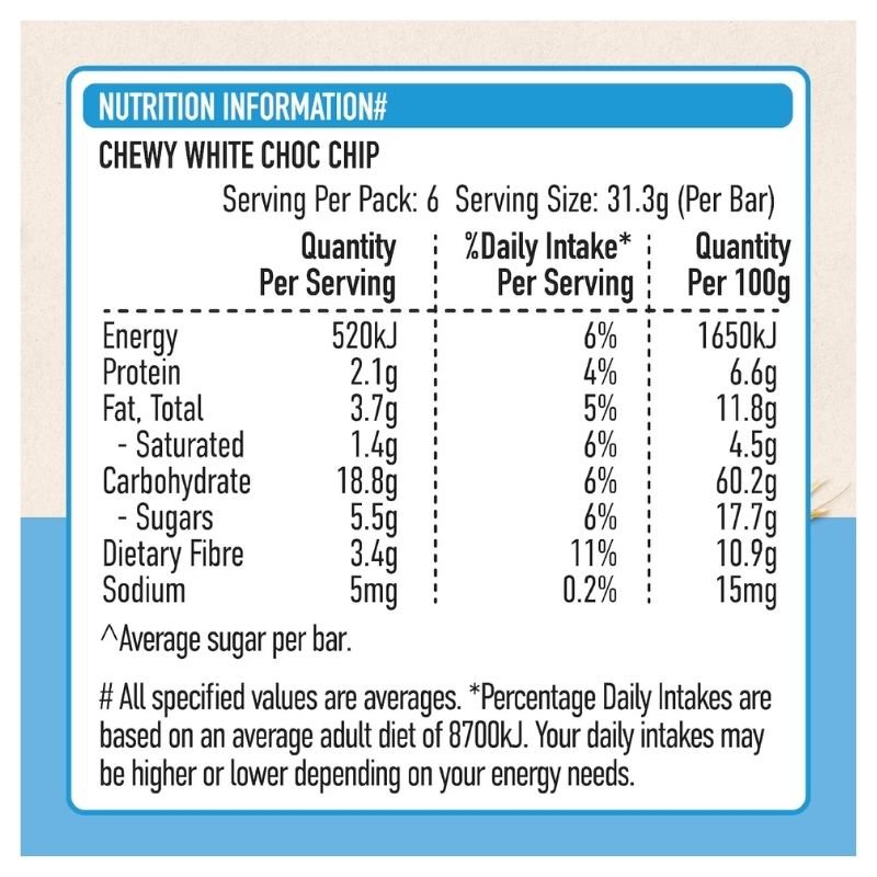 [Expiry Date: 11/01/2027] Uncle Tobys Muesli Bars Chewy White Choc Chip 6 Pack 185g