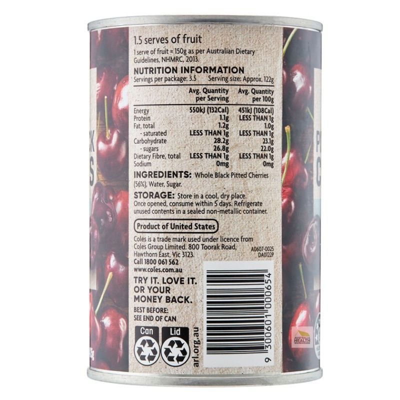 [Expiry: 07/2028] Coles Pitted Black Cherries In Syrup 425g