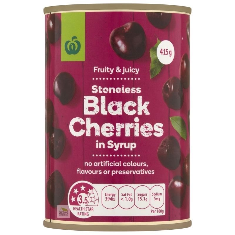 [Expiry Date: 10/07/2027] Woolworths Stoneless Black Cherries In Syrup 415g |Oz Mart