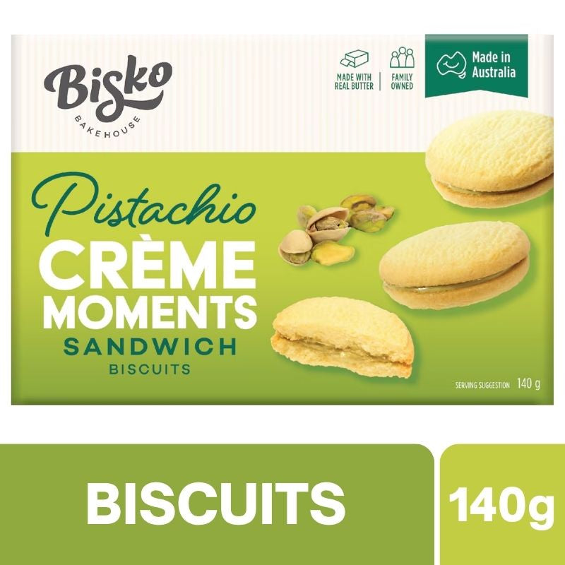 [Expiry Date: 25/08/2027] Bisko Bakehouse Creme Moments Shortbread With Pistachio Cream Filling 140g
