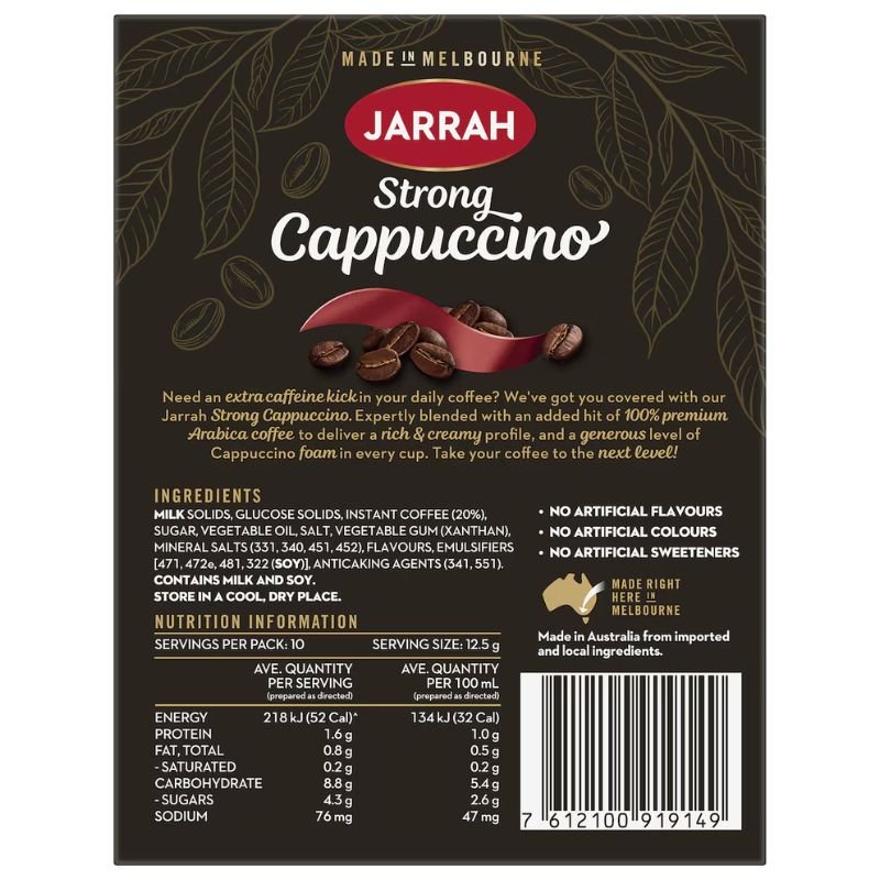 [Expiry Date: 27/04/2027] Jarrah Strong Cappuccino Sachets 10 Pack 125g