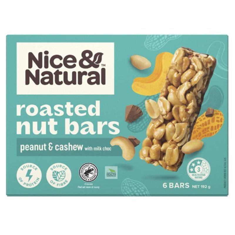 [Expiry: 09/02/2026] Nice & Natural Roasted Nut Bars Peanut & Cashew with Real Milk Chocolate 6 Bars 192g