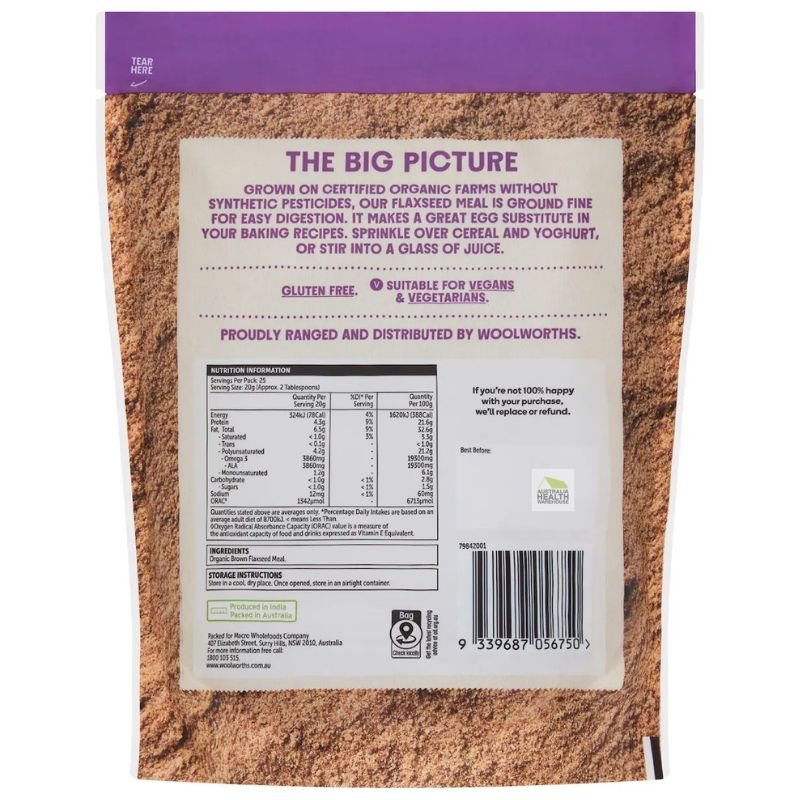 [CLEARANCE Expiry: 15/06/2026]  Woolworths Macro Organic Brown Flaxseed Meal 500g