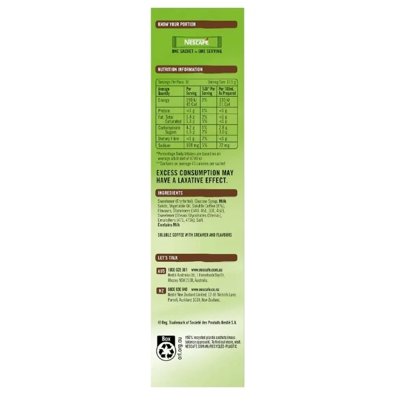 [Expiry Date: 02/2027] Nescafe 98% Sugar Free Hazelnut Latte Coffee Sachets 10 Pack