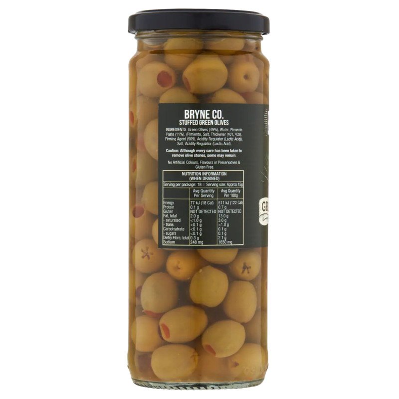 [Expiry Date: 26/07/2028] Bryne Co Stuffed Green Olives 450g