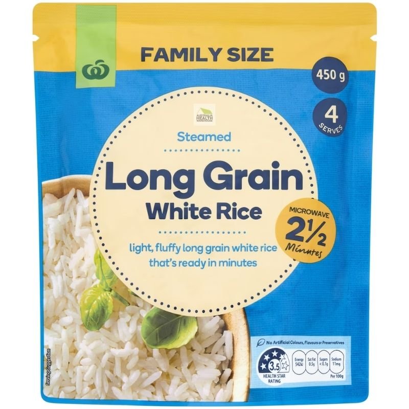 [CLEARANCE Expiry Date: 11/08/2026] Woolworths Microwave Long Grain White Rice Family 450g