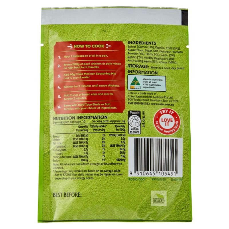 [Expiry: 17/03/2027] Coles Mexican Seasoning Mix Mild 40g