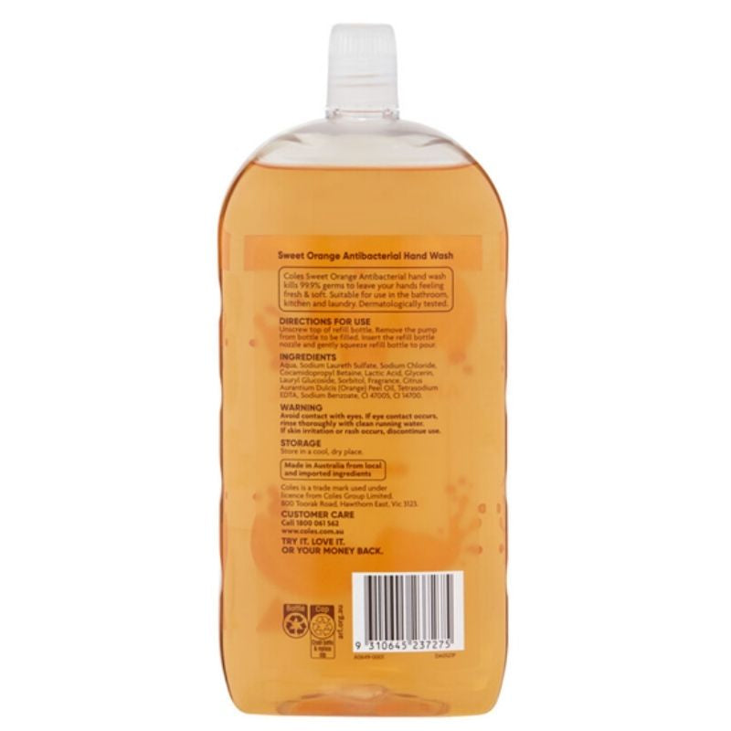 Coles Antibacterial Hand Wash Sweet Orange Refill 1 Litre