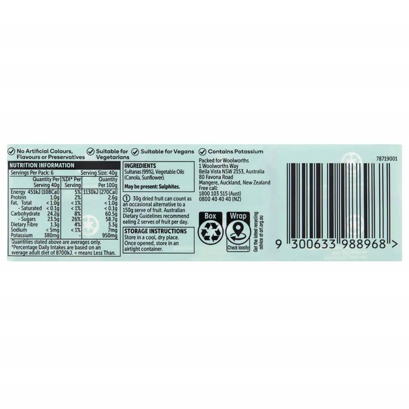 [Expiry: 29/10/2026] Woolworths Australian Sultanas 6 Snack Pack 240g