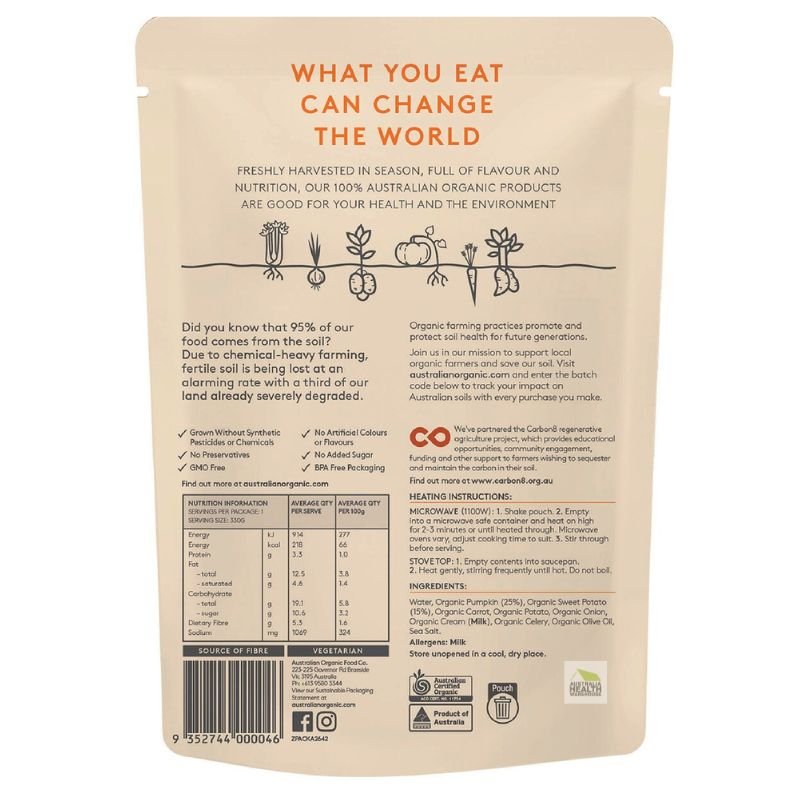 [Expiry: 02/2027] Australian Organic Roasted Pumpkin & Sweet Potato Soup Pouch 330g