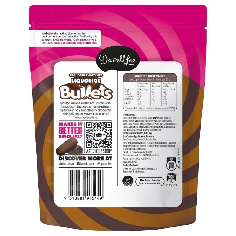[Expiry Date: 22/06/2027] Darrell Lea Dark Chocolate Liquorice Bullets 204g