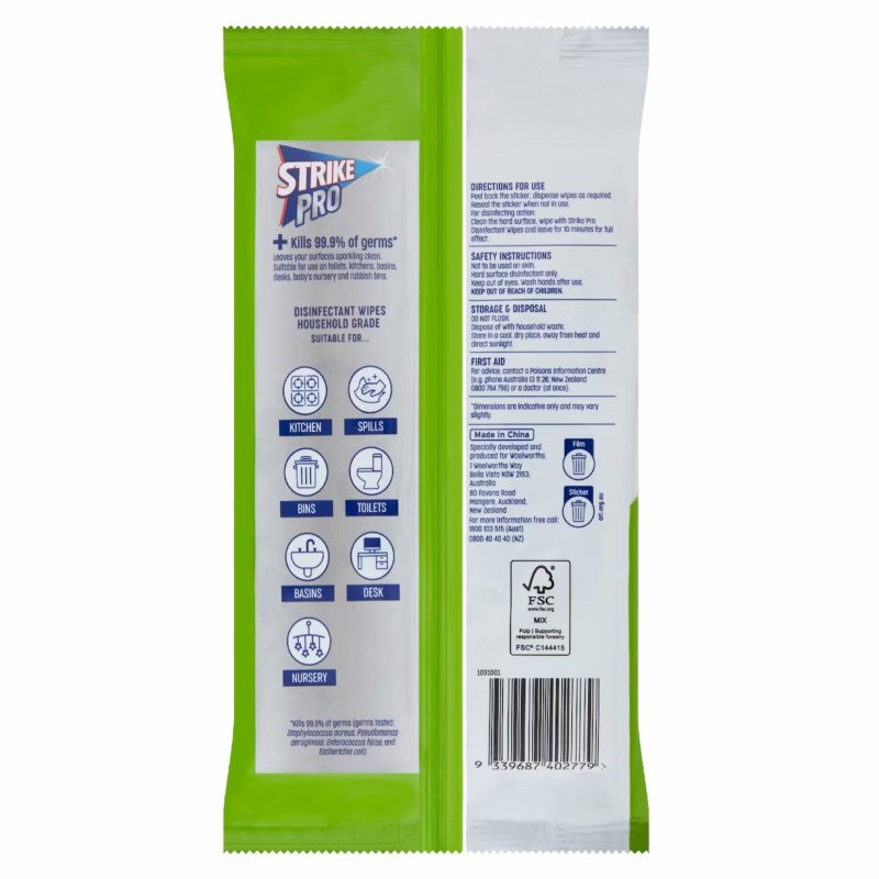 [Expiry Date: 13/01/2028] Strike Pro Antibacterial Disinfectant Wipes Apple 100 Wipes