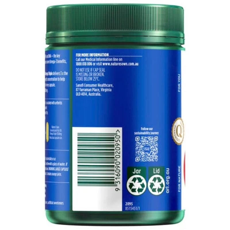 [Expiry Date: 11/2027] Natures Own Concentrated Fish Oil Omega Triple 180 Capsules