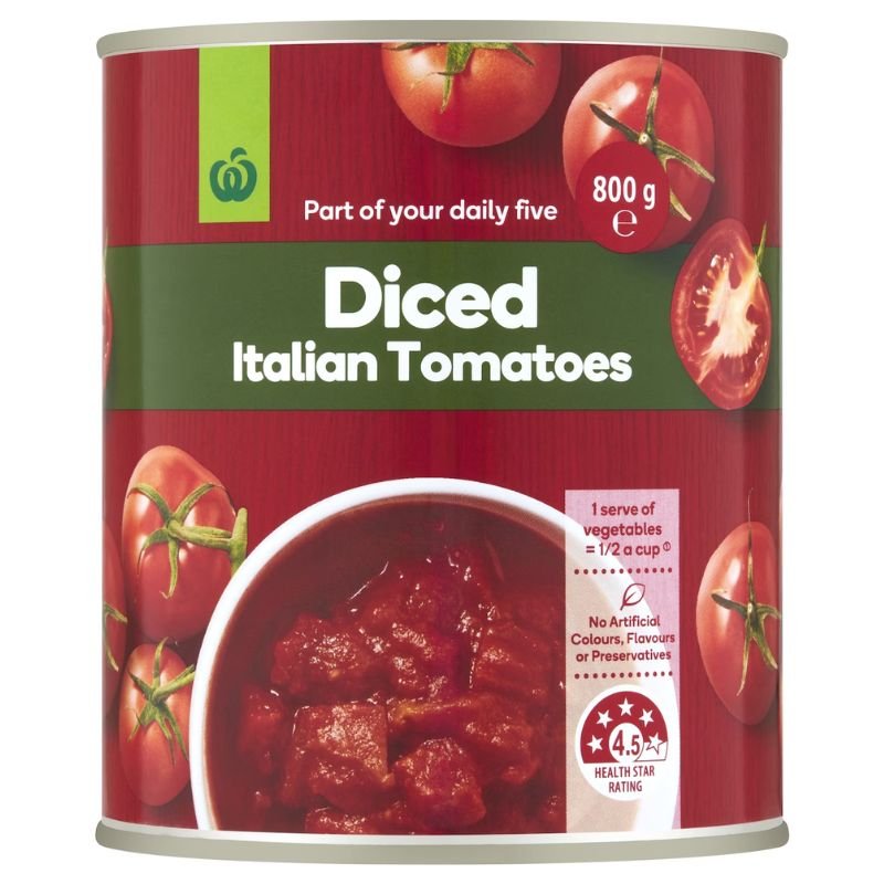 [Expiry Date: 31/07/2028] Woolworths Diced Italian Tomatoes 800g