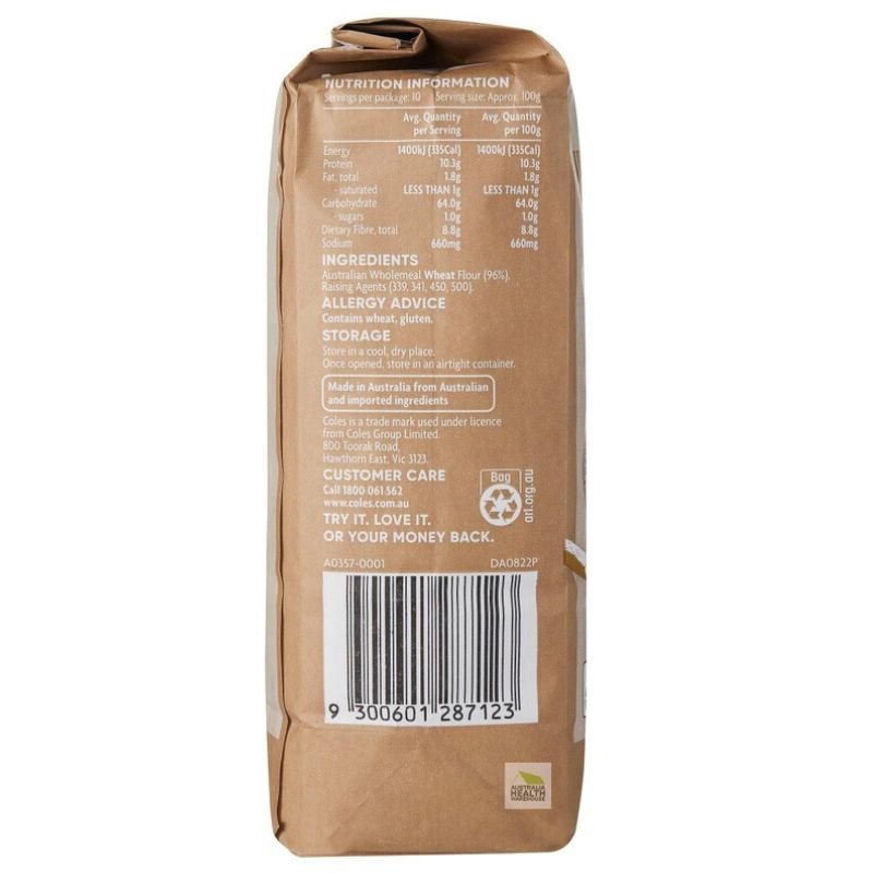 [CLEARANCE Expiry Date: 19/08/2026] Coles Wholemeal Self Raising Flour 1kg
