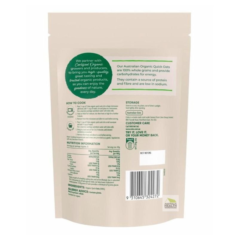 [Expiry: 11/09/2026] Coles Organic Quick Oats 500g
