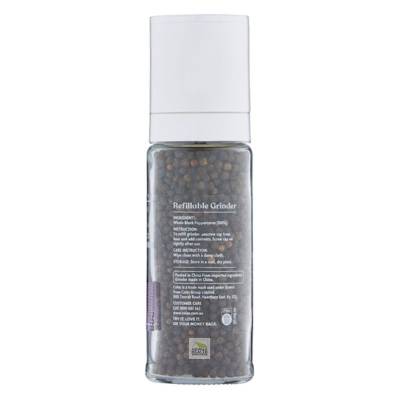 [Expiry Date: 07/11/2027] Coles Whole Black Peppercorns Grinder 124g