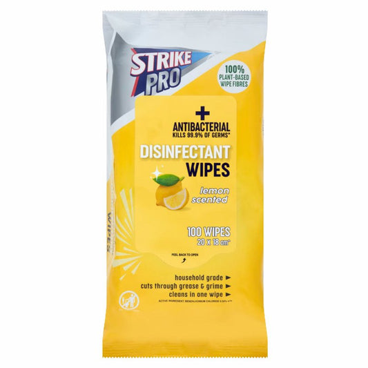 Expiry Date: 08/02/2028] Strike Pro Antibacterial Disinfectant Wipes Lemon 100 Wipes