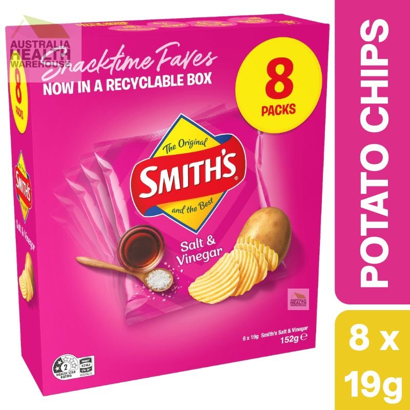 [Expiry: 01/03/2026] Smith's Salt & Vinegar Flavoured Crinkle Cut Potato Chips 8 x 19g Pack