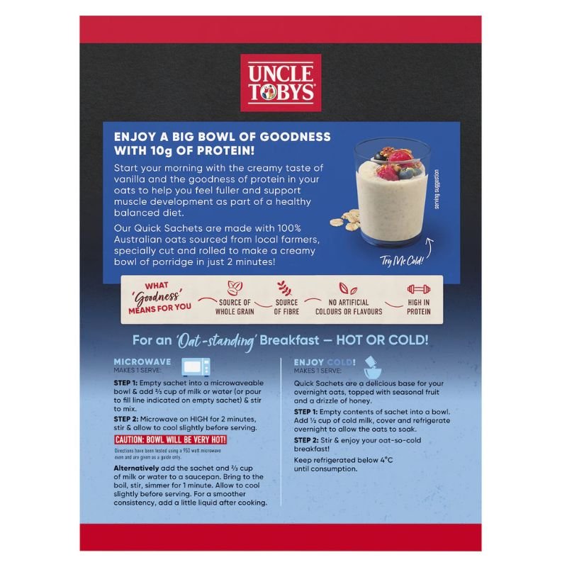 [Expiry Date: 24/02/2027] Uncle Tobys Oats Quick Sachets Protein Vanilla Big Bowl Porridge 8 Pack 368g