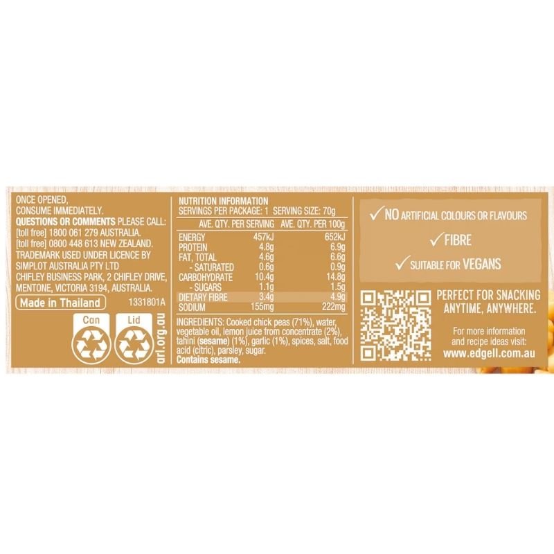 [Expiry Date: 30/06/2028] Edgell Chickpeas With Lemon, Tahini & Garlic 70g
