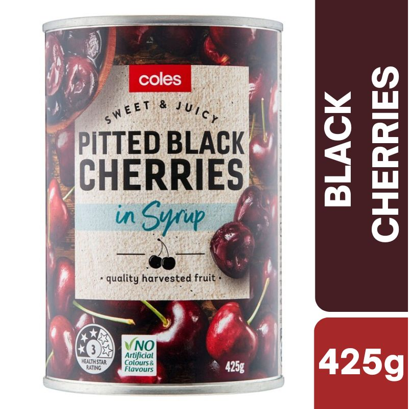 [Expiry: 07/2028] Coles Pitted Black Cherries In Syrup 425g