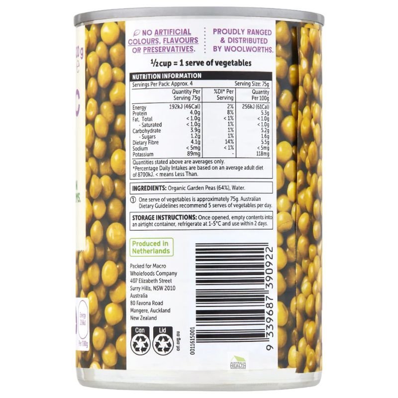 [Expiry: 01/06/2028] Woolworths Macro Organic Garden Peas 420g