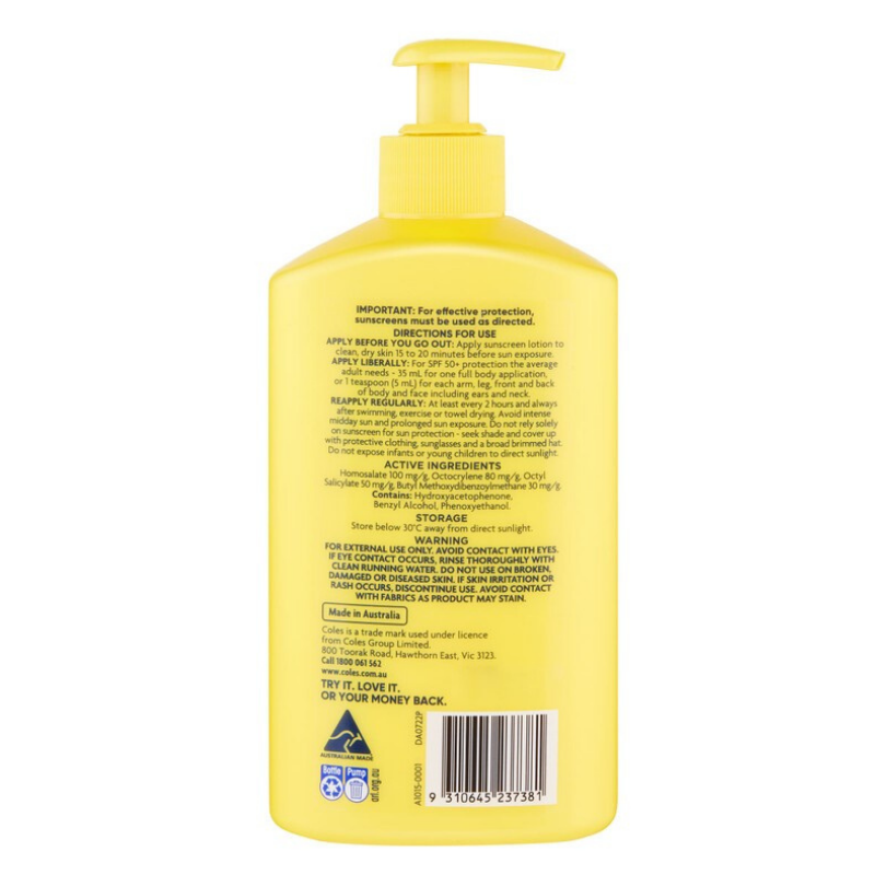 [Expiry: 11/2026] Coles SPF 50+ Ultra Sunscreen Pump 500mL