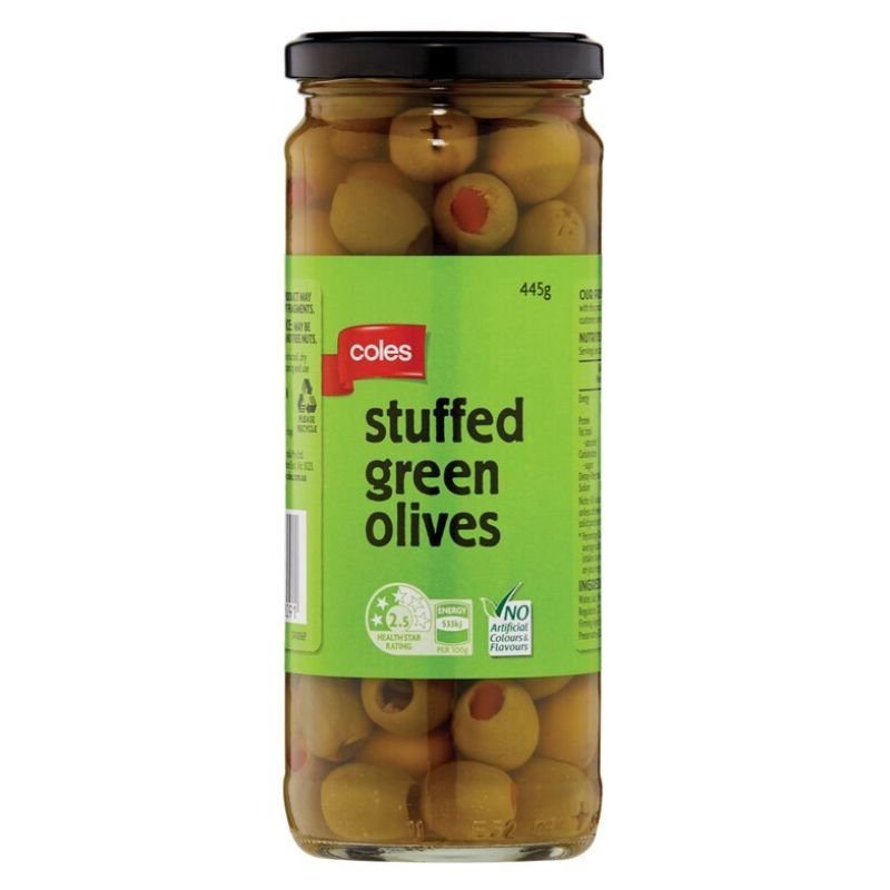[Expiry: 26/05/2028] Coles Stuffed Green Olives 445g
