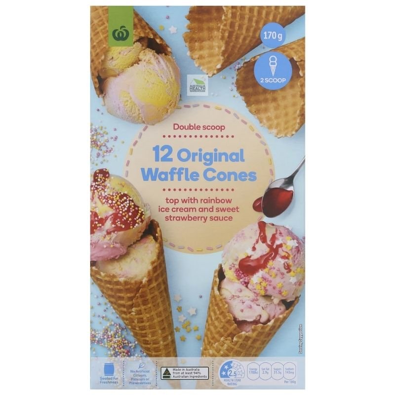 [Expiry Date: 04/02/2027] Woolworths Original Waffle Cones 12 Pack 170g