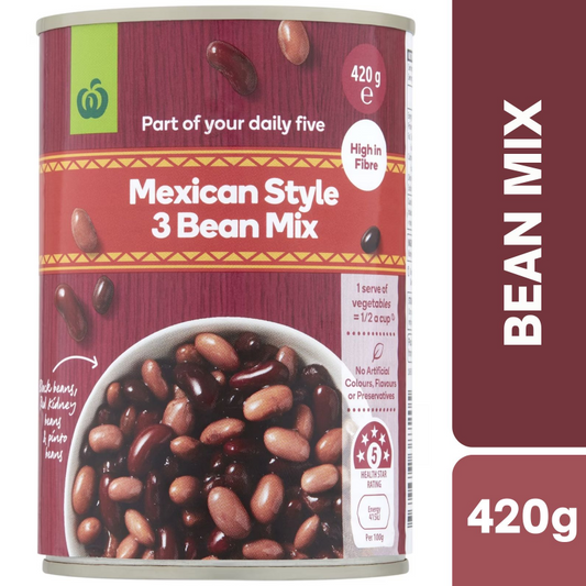 [Expiry Date: 17/06/2028] Woolworths Mexican Style 3 Bean Mix 420g