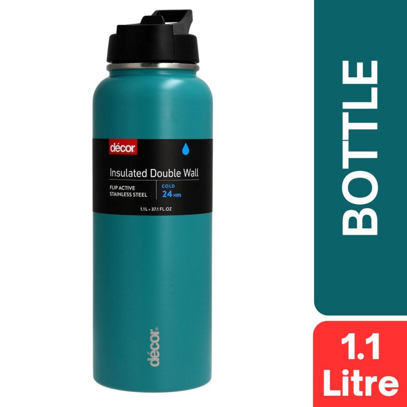 Decor Insulated Double Wall Flip Active Stainless Steel Bottle 1.1 Litre (Green)