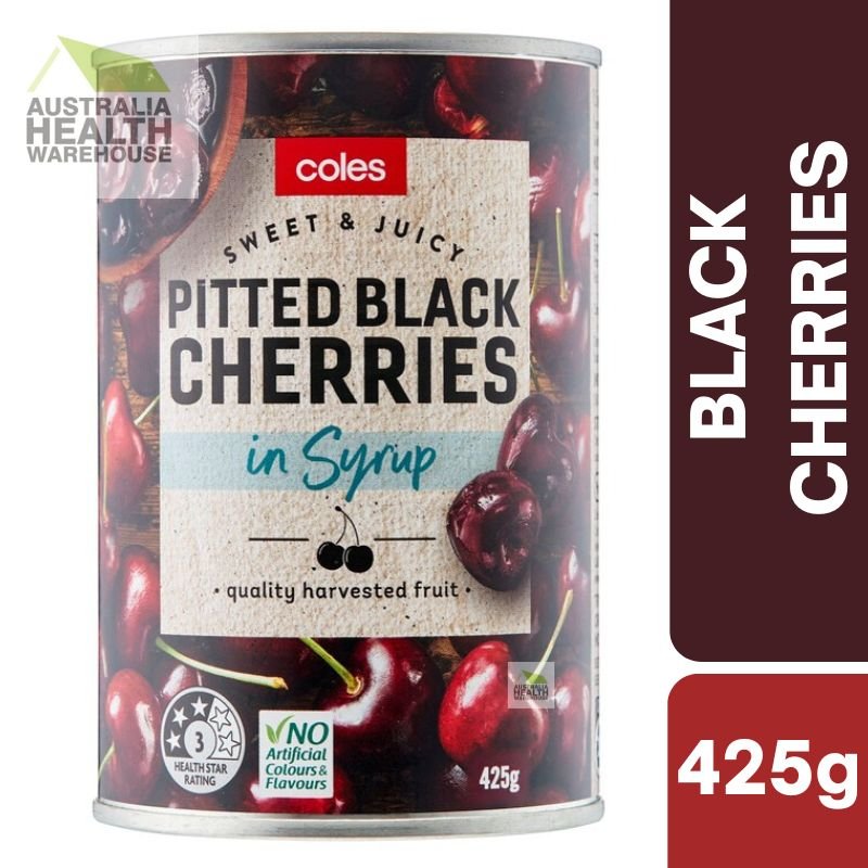[Expiry: 07/2028] Coles Pitted Black Cherries In Syrup 425g