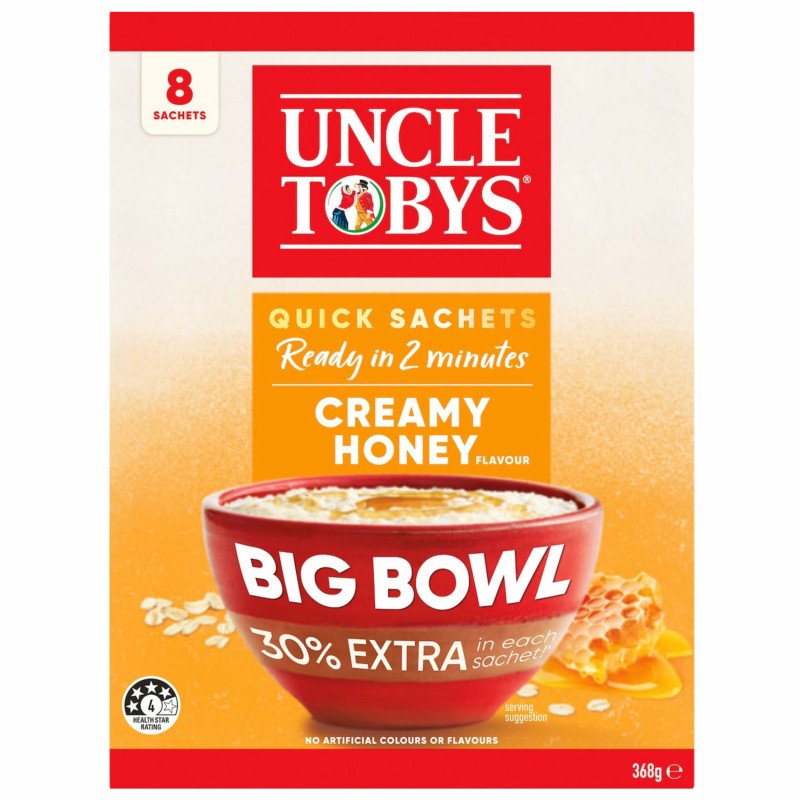 [Expiry Date: 18/03/2027] Uncle Tobys Oats Quick Sachets Creamy Honey Big Bowl Porridge 8 Pack 368g
