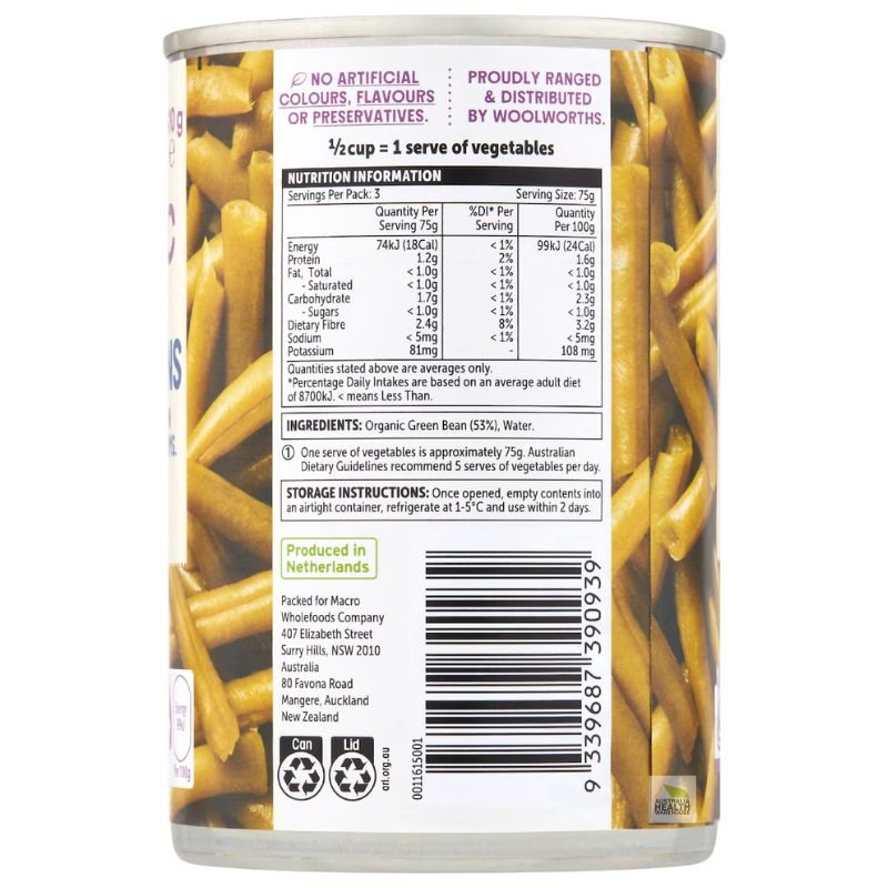 [Expiry: 01/08/2028] Woolworths Macro Organic Sliced Green Beans 410g