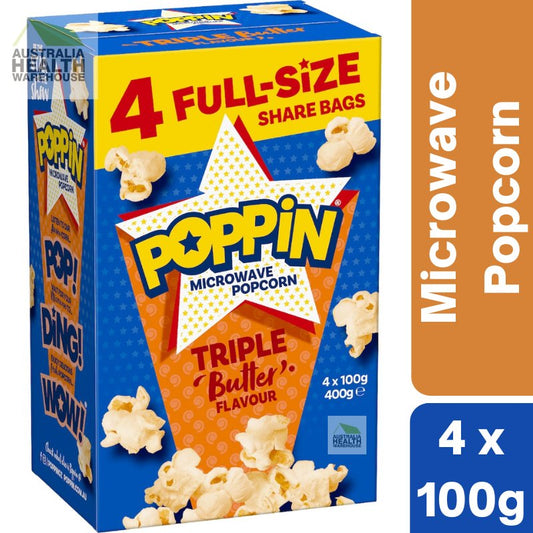 [Expiry: 01/10/2026] Poppin Microwave Popcorn Triple Butter Flavour 4 x 100g