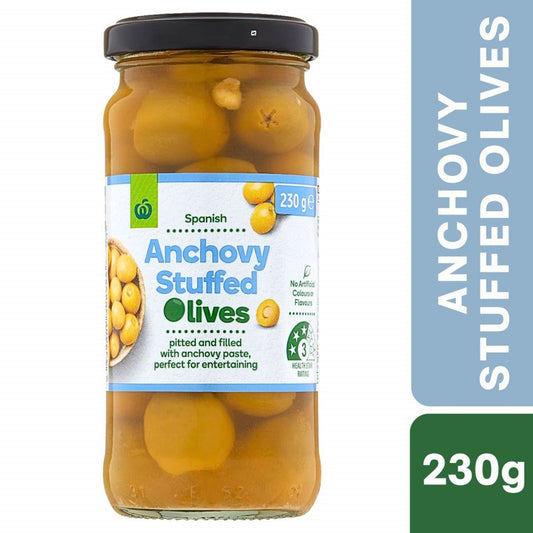 [Expiry Date: 21/04/2028] Woolworths Anchovy Stuffed Green Mediterranean Olives 230g