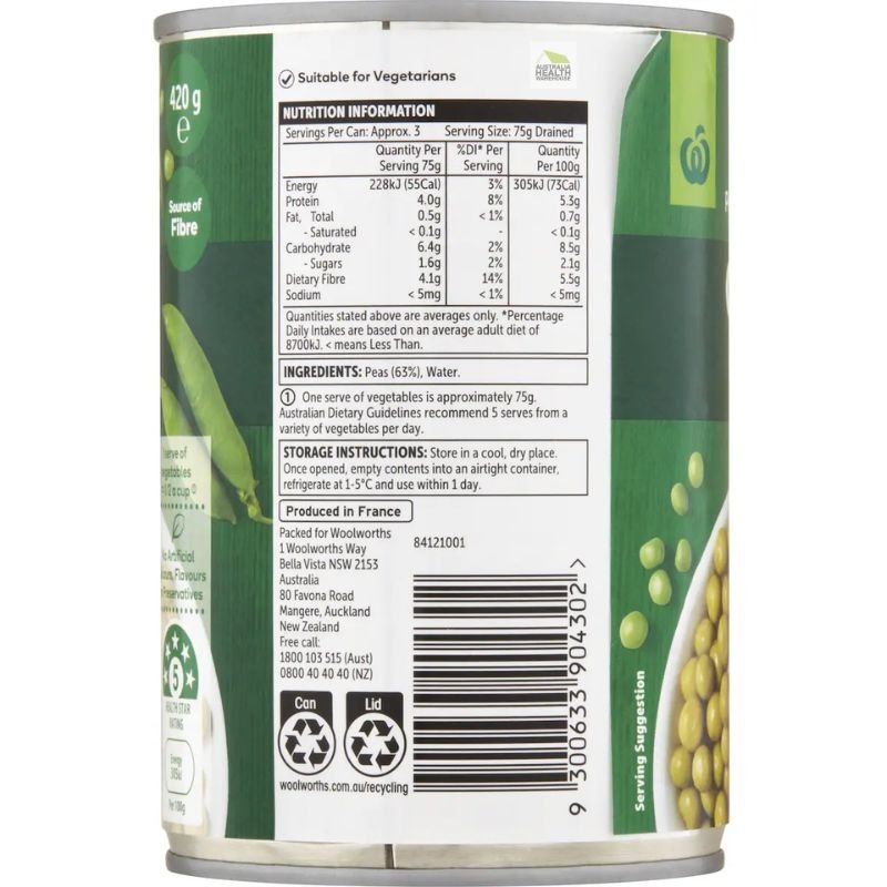 [Expiry: 06/2028]  Woolworths Garden Peas Green 420g