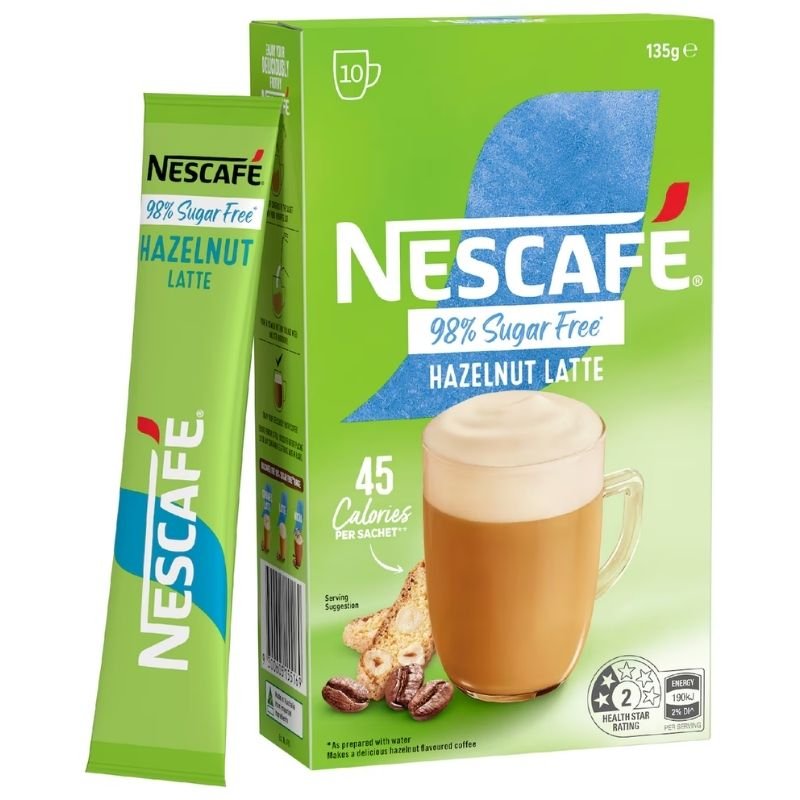 [Expiry Date: 02/2027] Nescafe 98% Sugar Free Hazelnut Latte Coffee Sachets 10 Pack