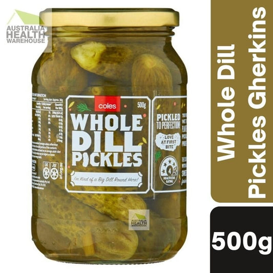[Expiry: 10/07/2027] Coles Whole Dill Pickles Gherkins 500g